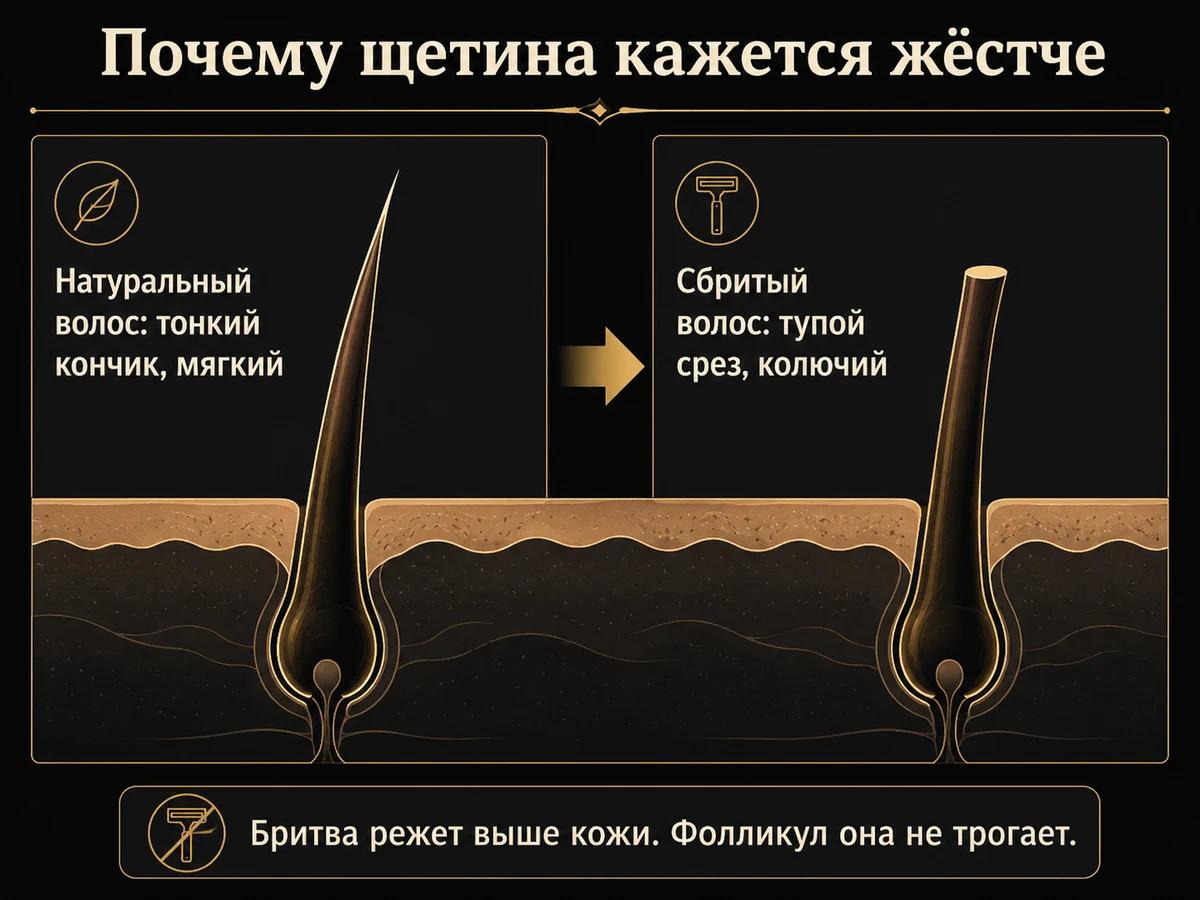 Схема: натуральный волос с острым кончиком против сбритого с тупым срезом, бритва не достаёт до фолликула