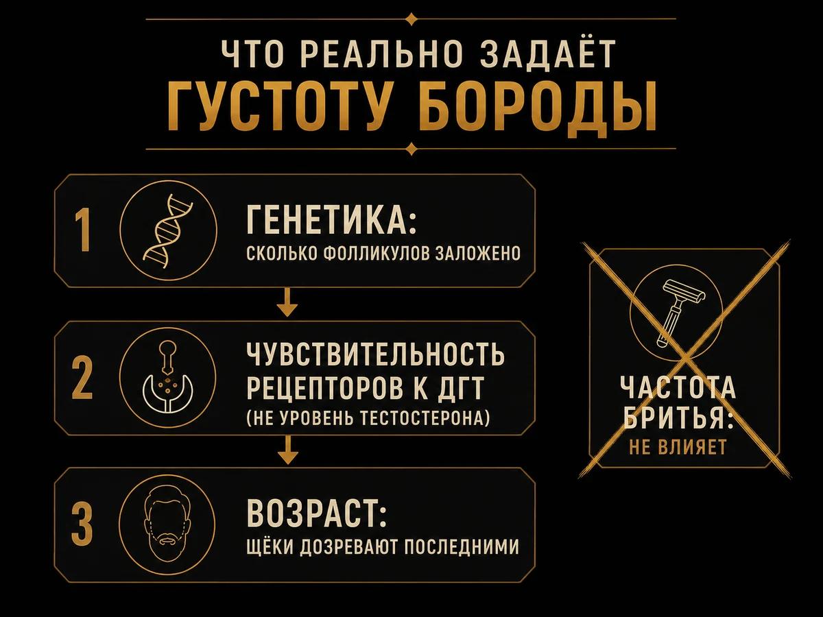 Схема факторов густоты бороды: генетика, чувствительность рецепторов к ДГТ, возраст; частота бритья не влияет