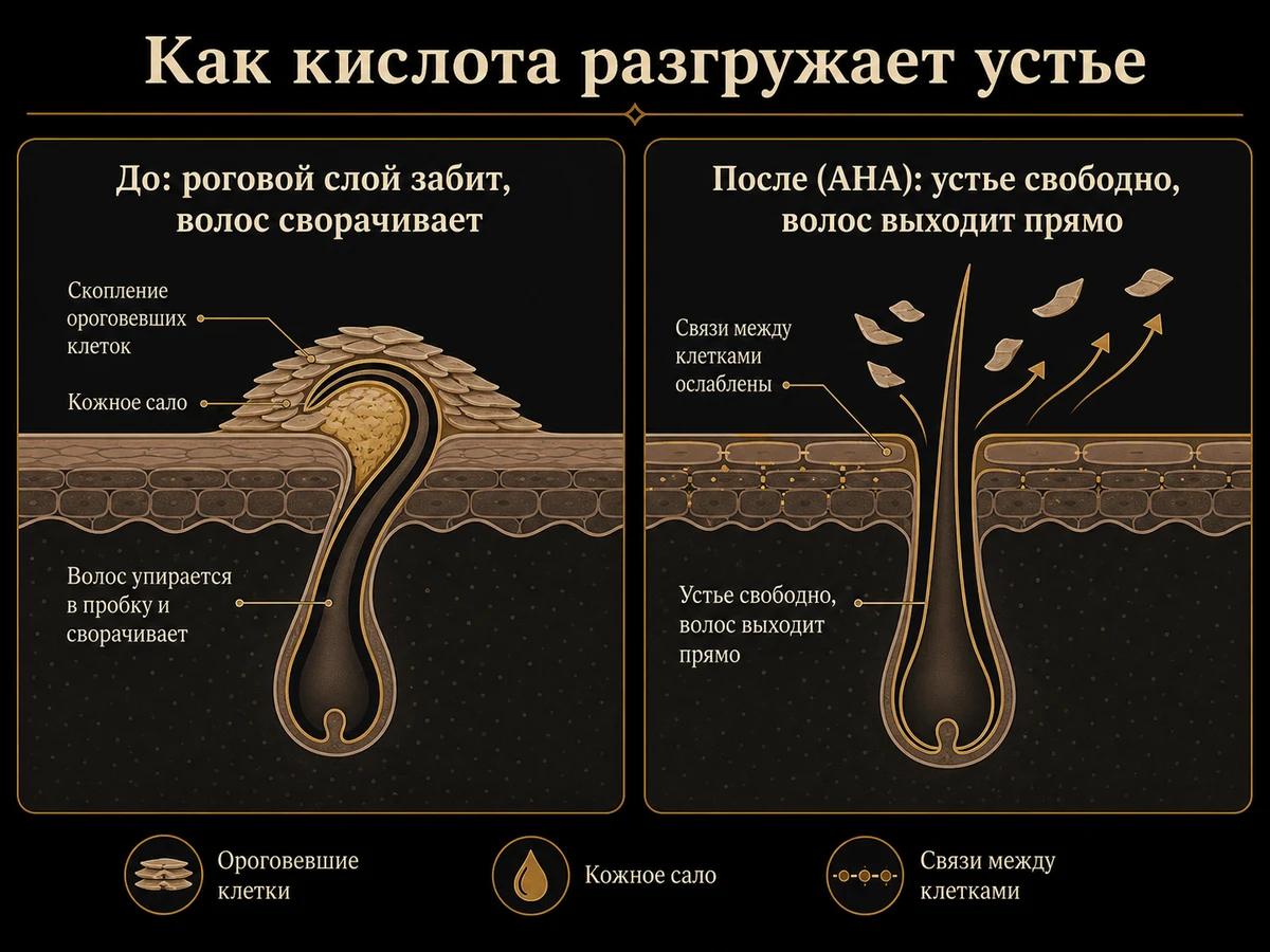 Схема до и после: AHA разгружает устье фолликула и волос выходит прямо