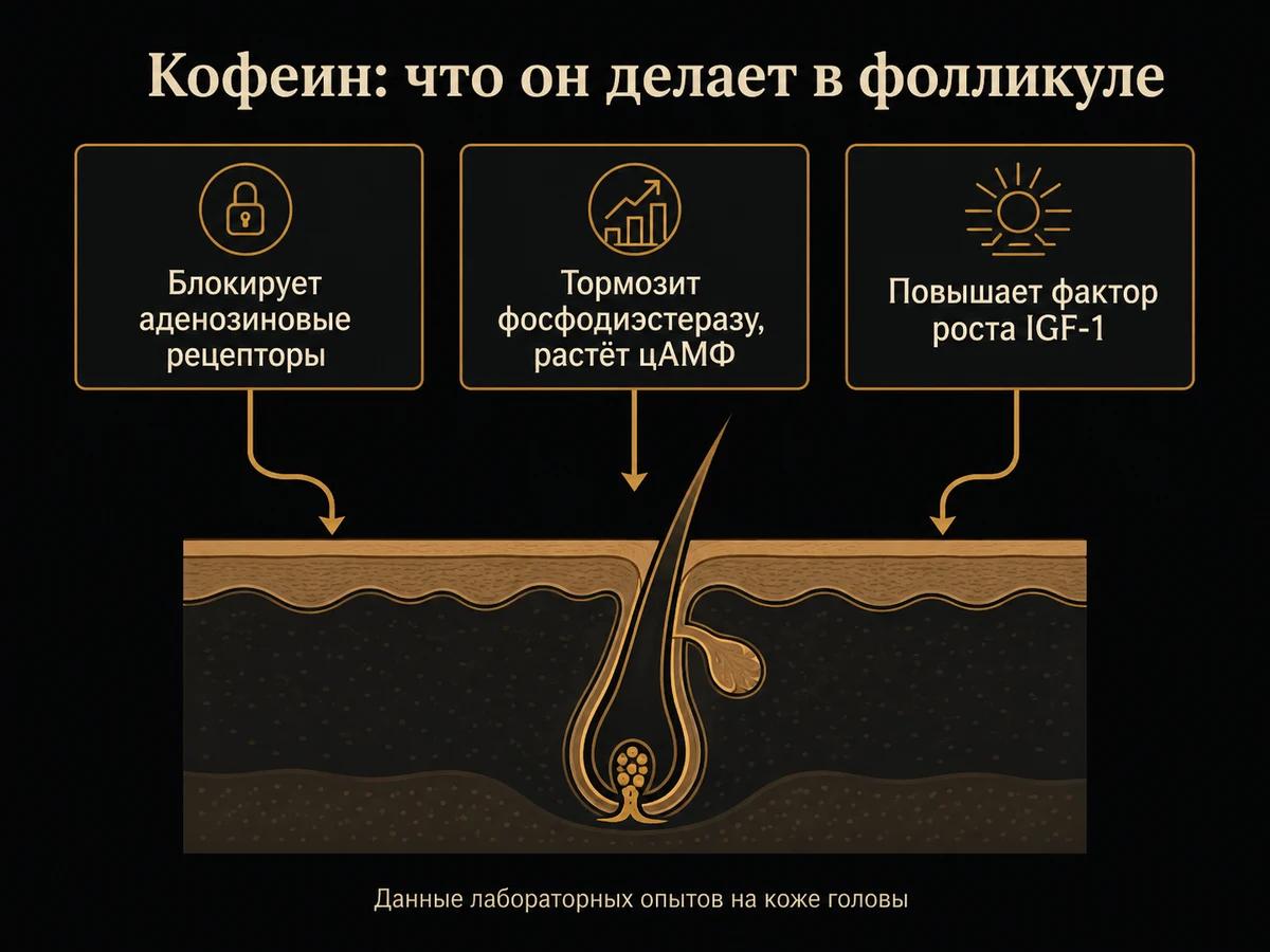 Схема трёх заявленных механизмов действия кофеина на волосяной фолликул