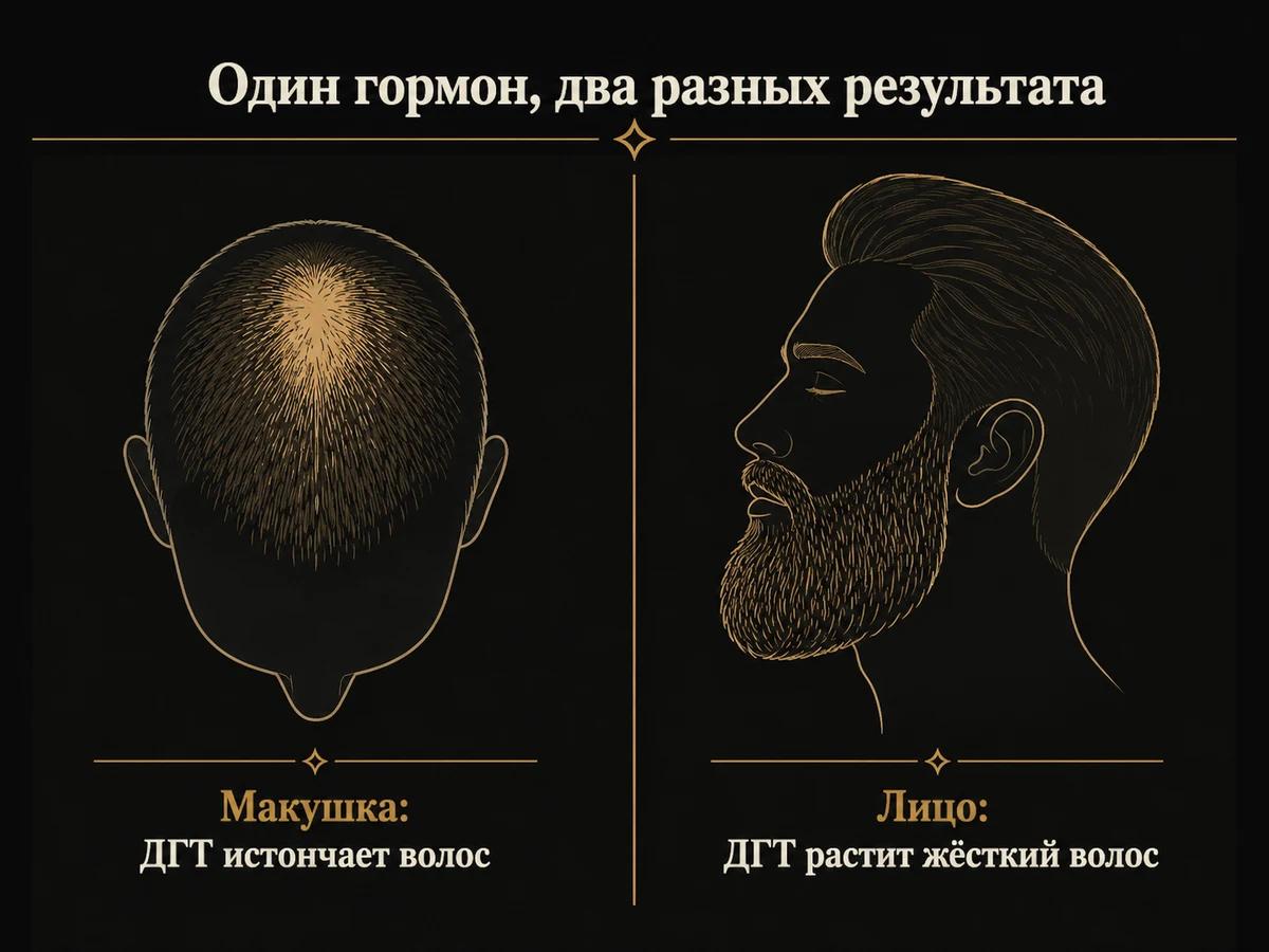 Схема противоположного действия ДГТ на волосы макушки и на бороду