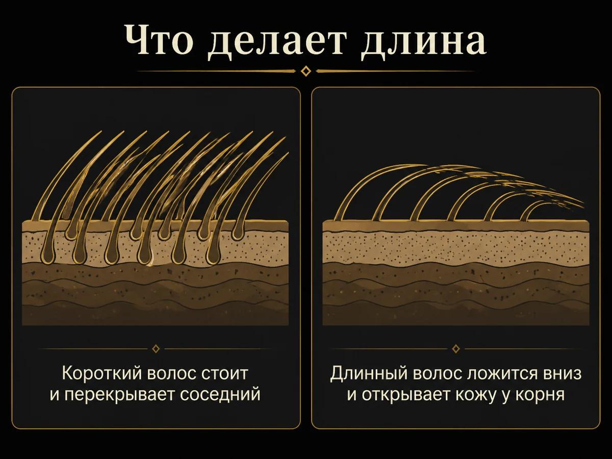 Схема: короткие волосы перекрывают кожу, длинные ложатся вниз и открывают её у корня