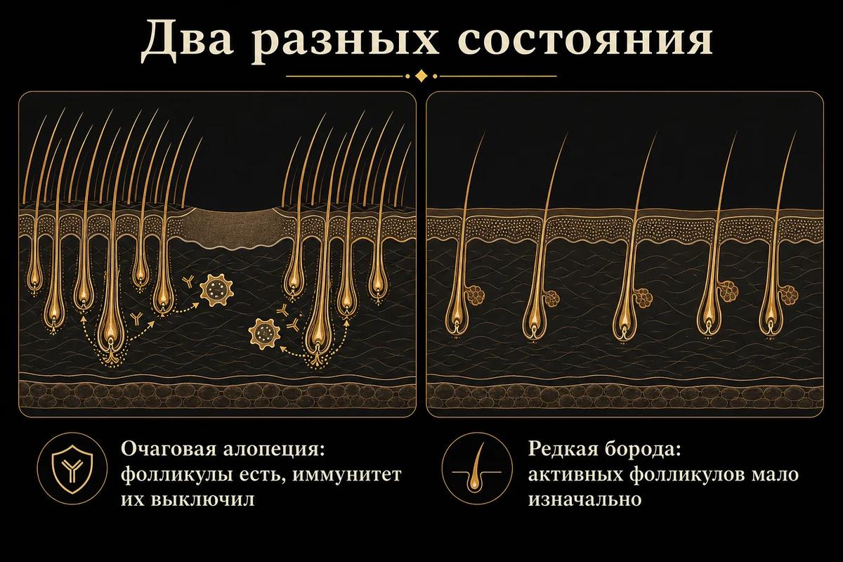 Схема: при очаговой алопеции фолликулы есть и выключены, при редкой бороде их изначально мало