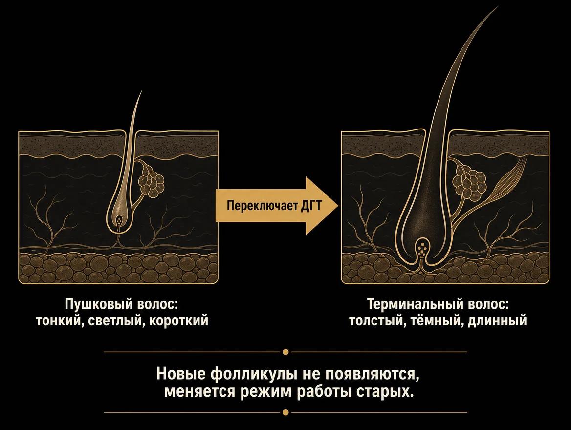 Схема перехода пушкового волоса в терминальный: два фолликула в разрезе и стрелка между ними
