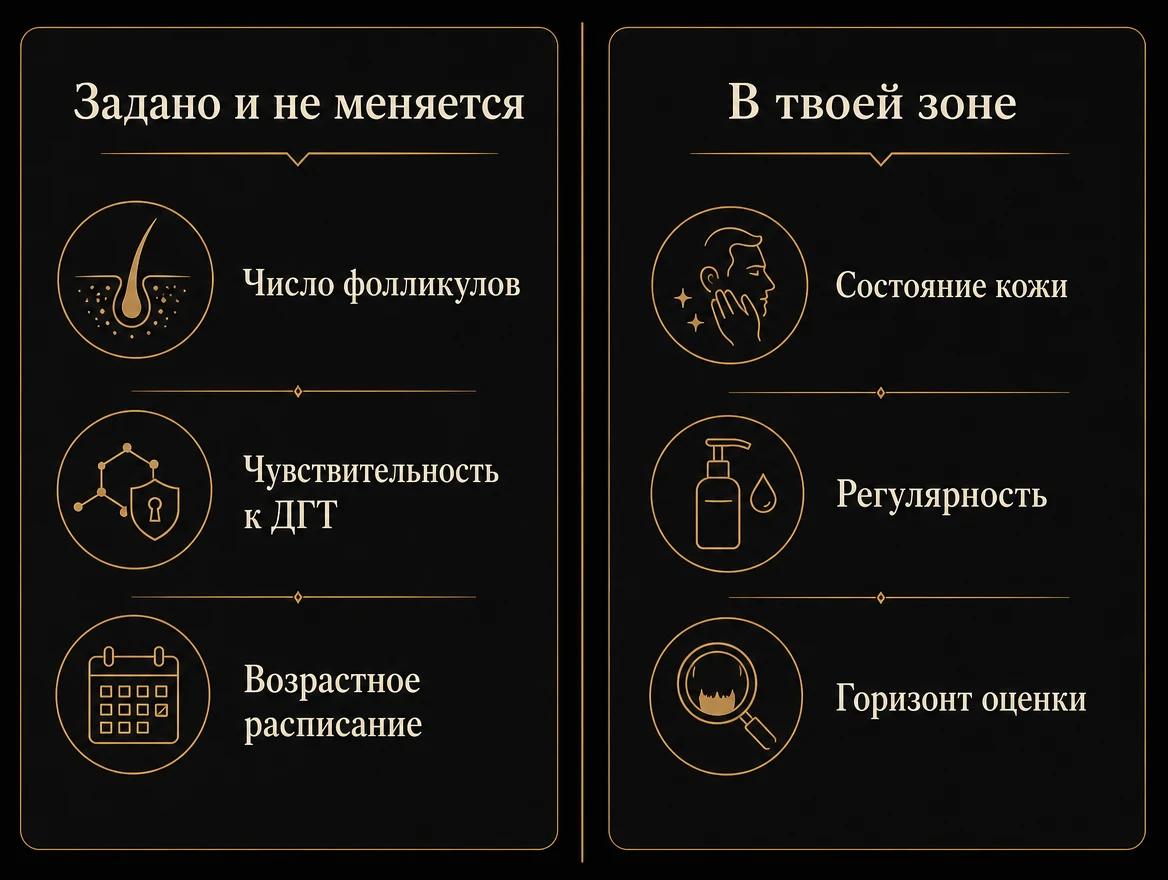 Две колонки: что задано биологией и что зависит от ухода и регулярности