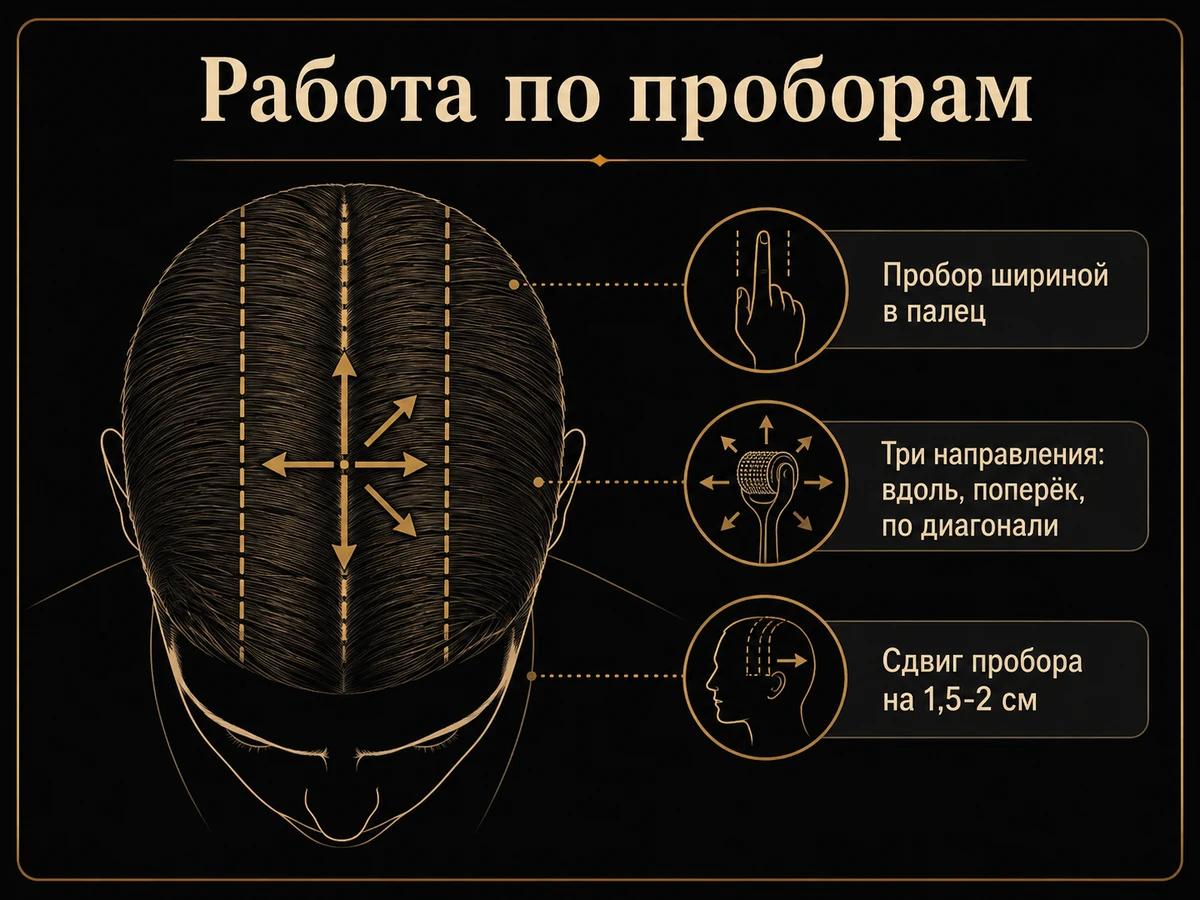 Схема обработки кожи головы мезороллером по проборам, вид сверху