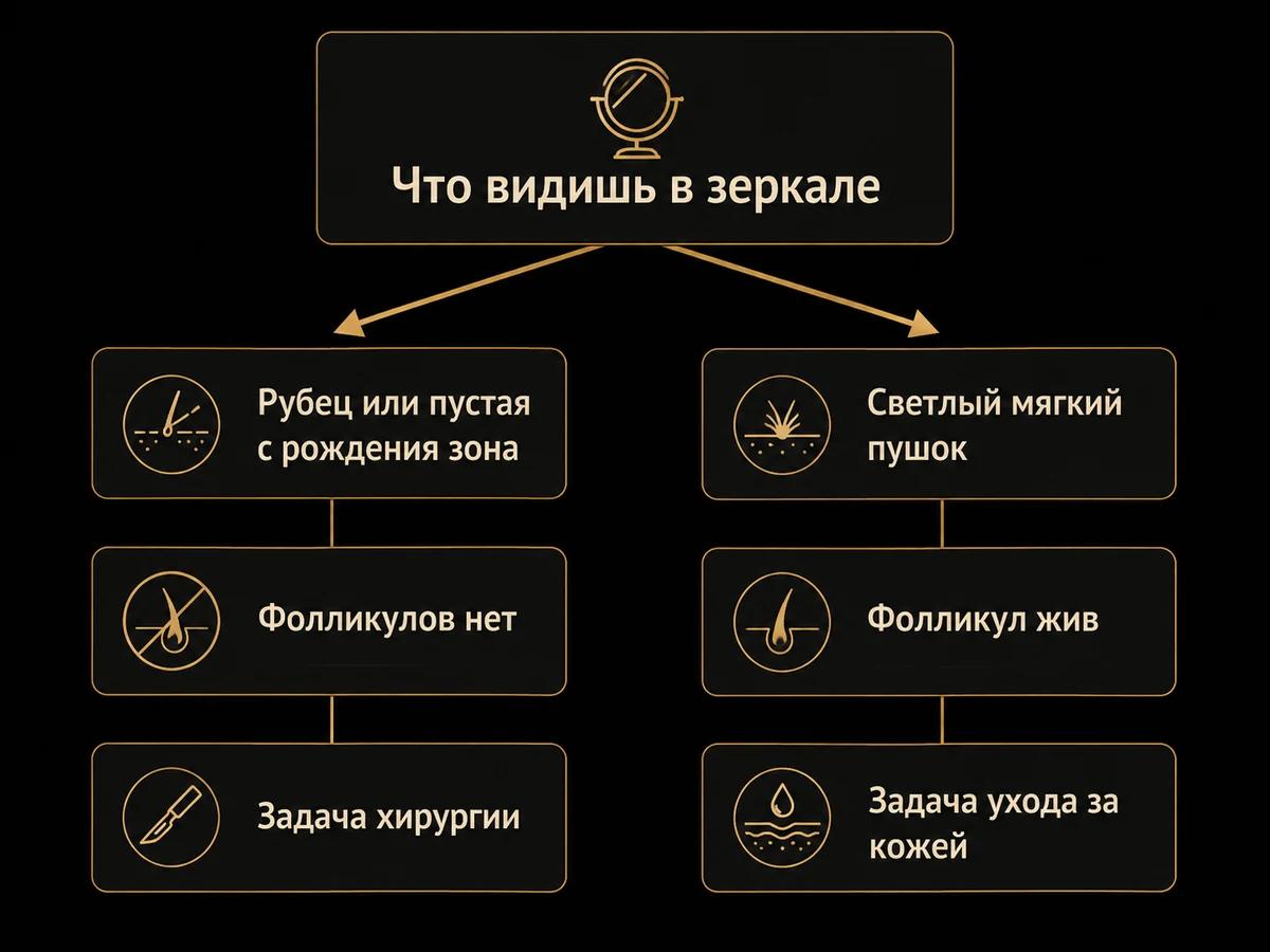 Схема развилки: рубец ведёт к хирургии, живой пушковый фолликул к уходу за кожей