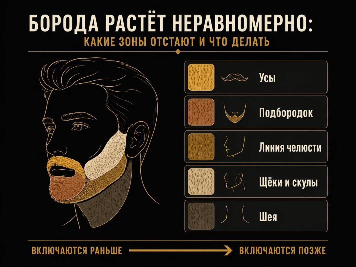 Схема лица с пятью зонами роста бороды и порядком их созревания