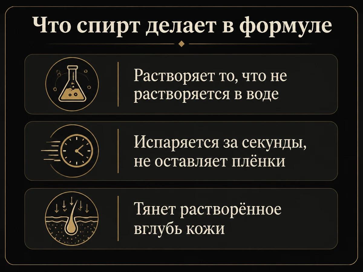 Схема: три функции спирта в косметической формуле - растворитель, быстрое испарение, транспорт