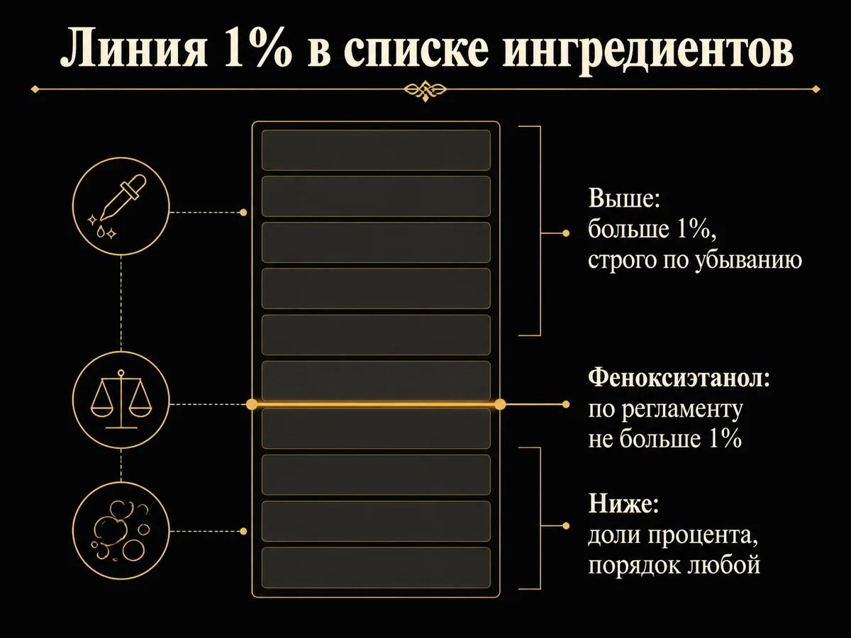 Схема: список ингредиентов делится линией 1 процента на основу и хвост