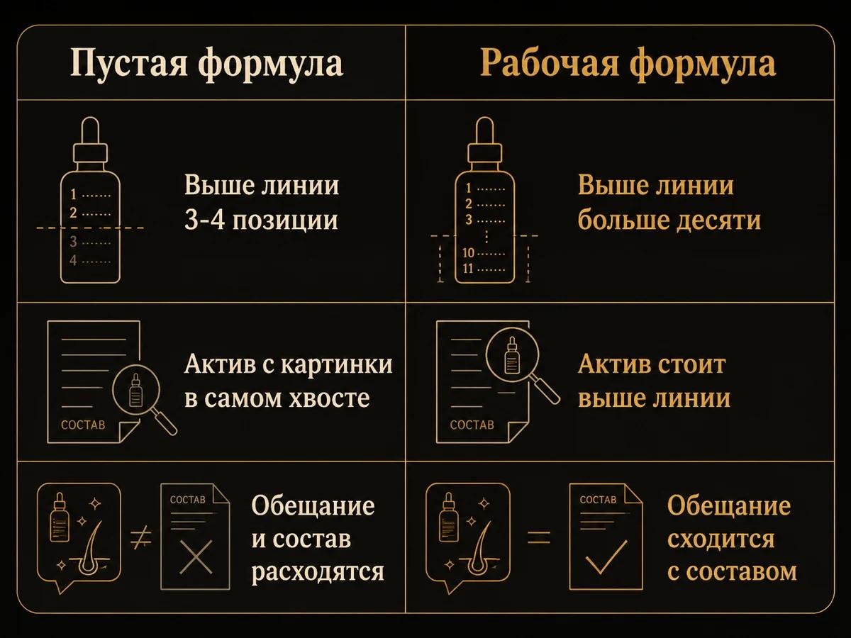 Сравнение пустой и рабочей формулы по трём признакам в списке ингредиентов