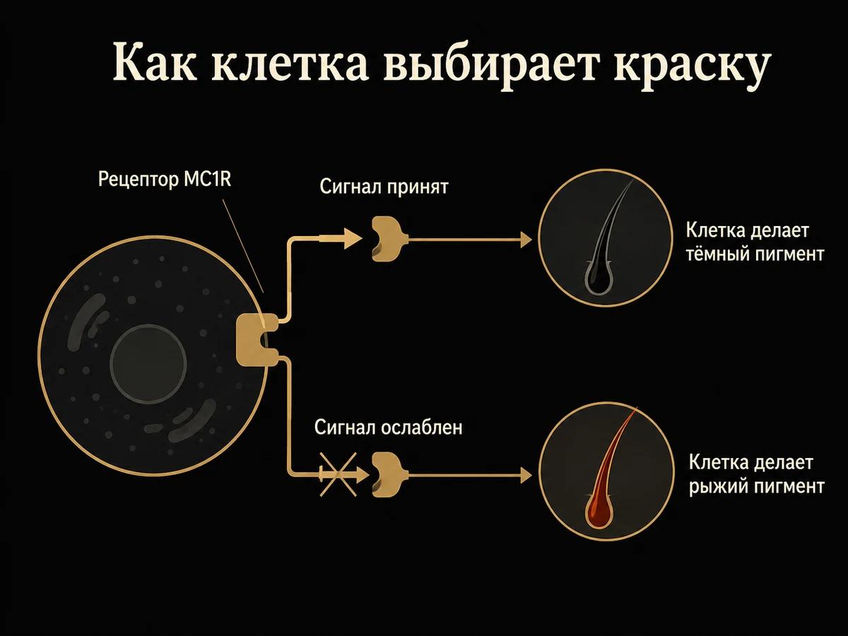 Схема работы рецептора MC1R: принятый сигнал даёт тёмный пигмент, ослабленный рыжий