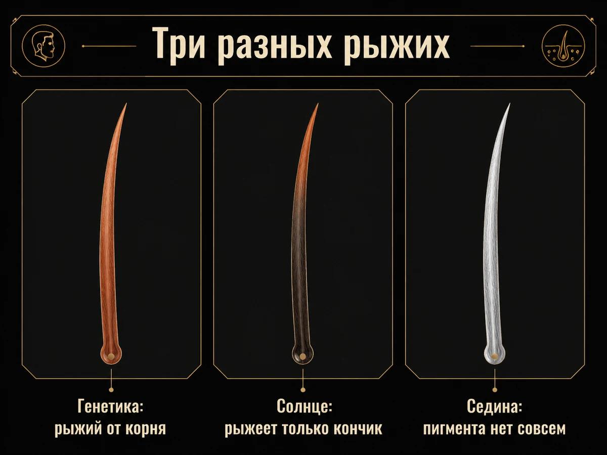 Схема трёх волосков: рыжий от корня, выгоревший на кончике и седой без пигмента
