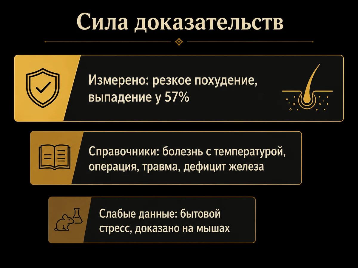 Схема триггеров выпадения волос по силе доказательств: три ряда от измеренных до слабых