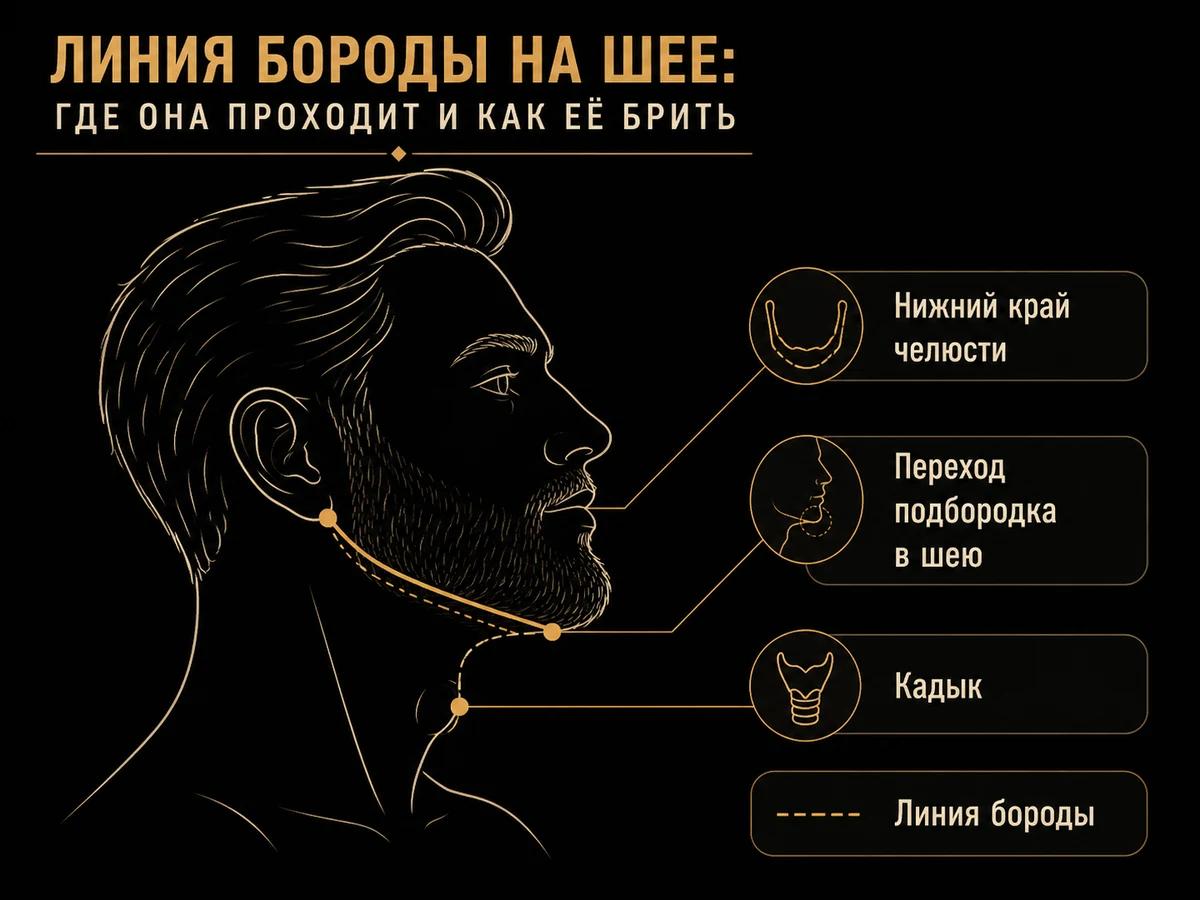 Схема профиля: линия бороды идёт по краю челюсти и дугой опускается к переходу в шею