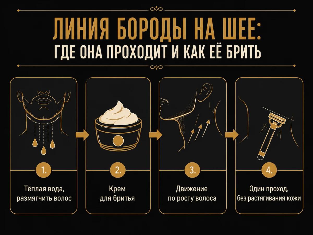 Схема из четырёх шагов бритья шеи: тёплая вода, крем, движение по росту, один проход