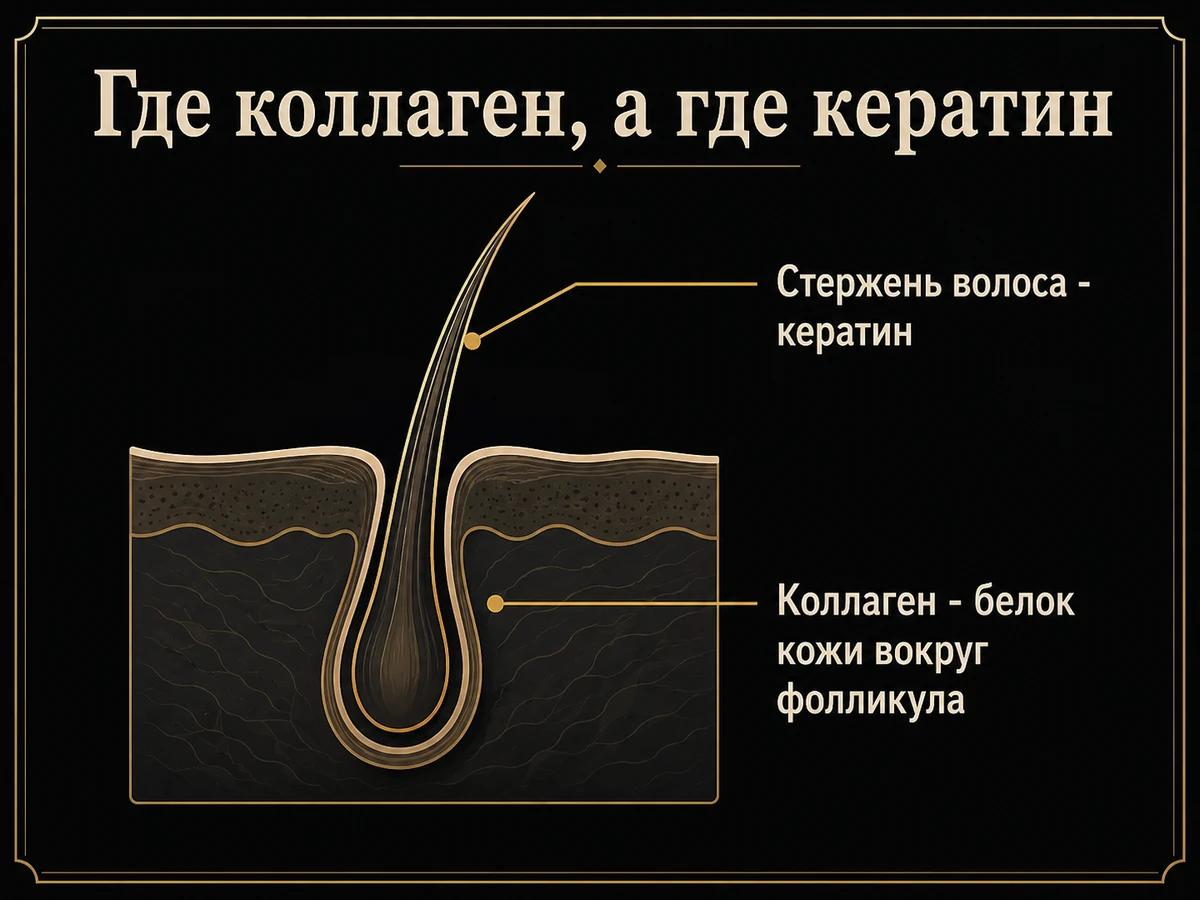 Схема кожи: коллаген окружает фолликул, стержень волоса построен из кератина