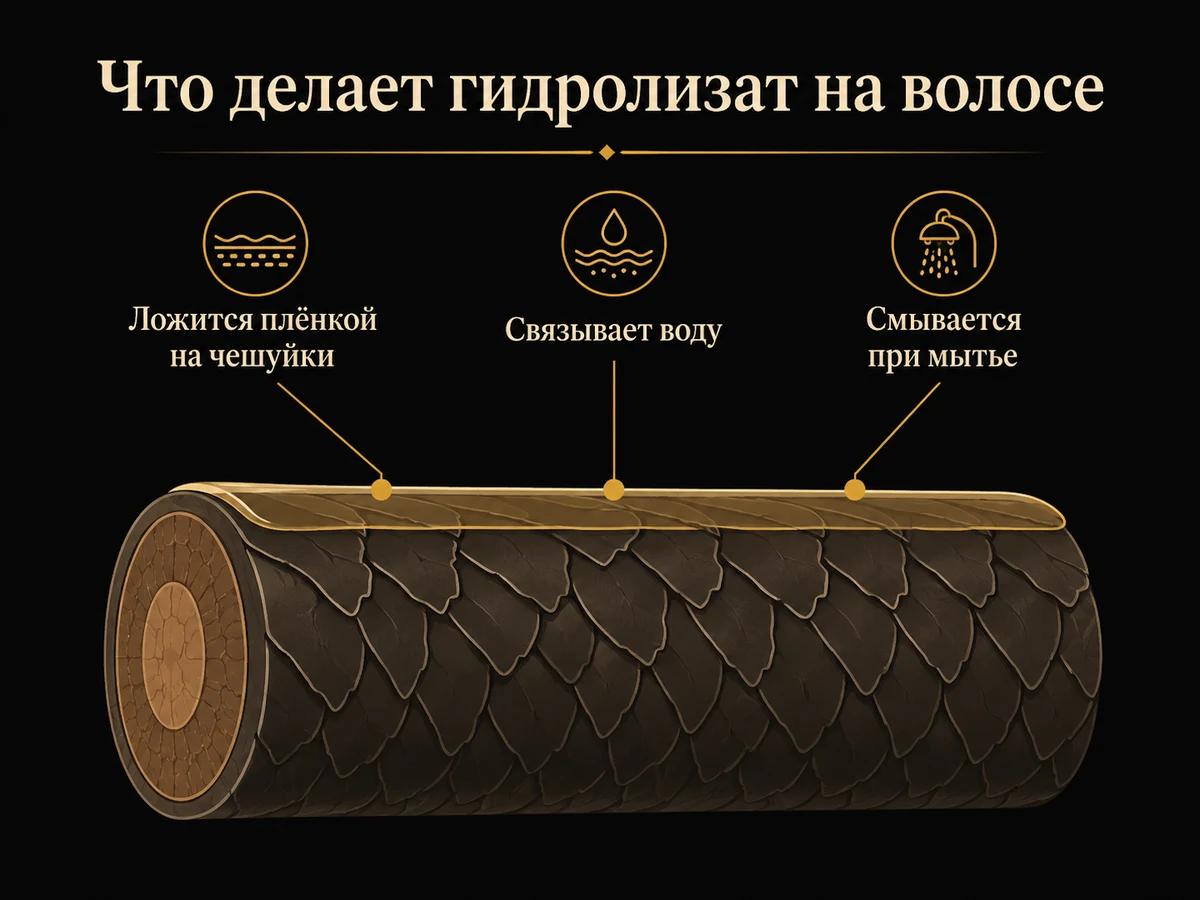 Разрез волоса: гидролизат коллагена лежит плёнкой на чешуйках кутикулы