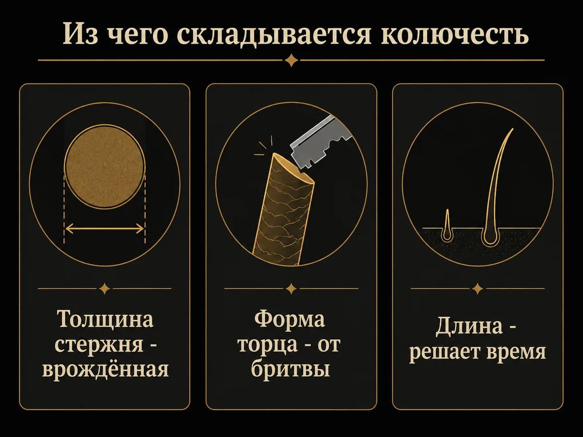 Схема: три причины колючести бороды - толщина волоса, форма среза и длина