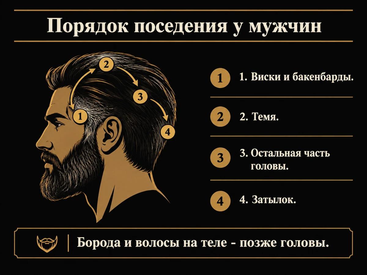 Схема порядка поседения у мужчин: виски, темя, остальная голова, затылок