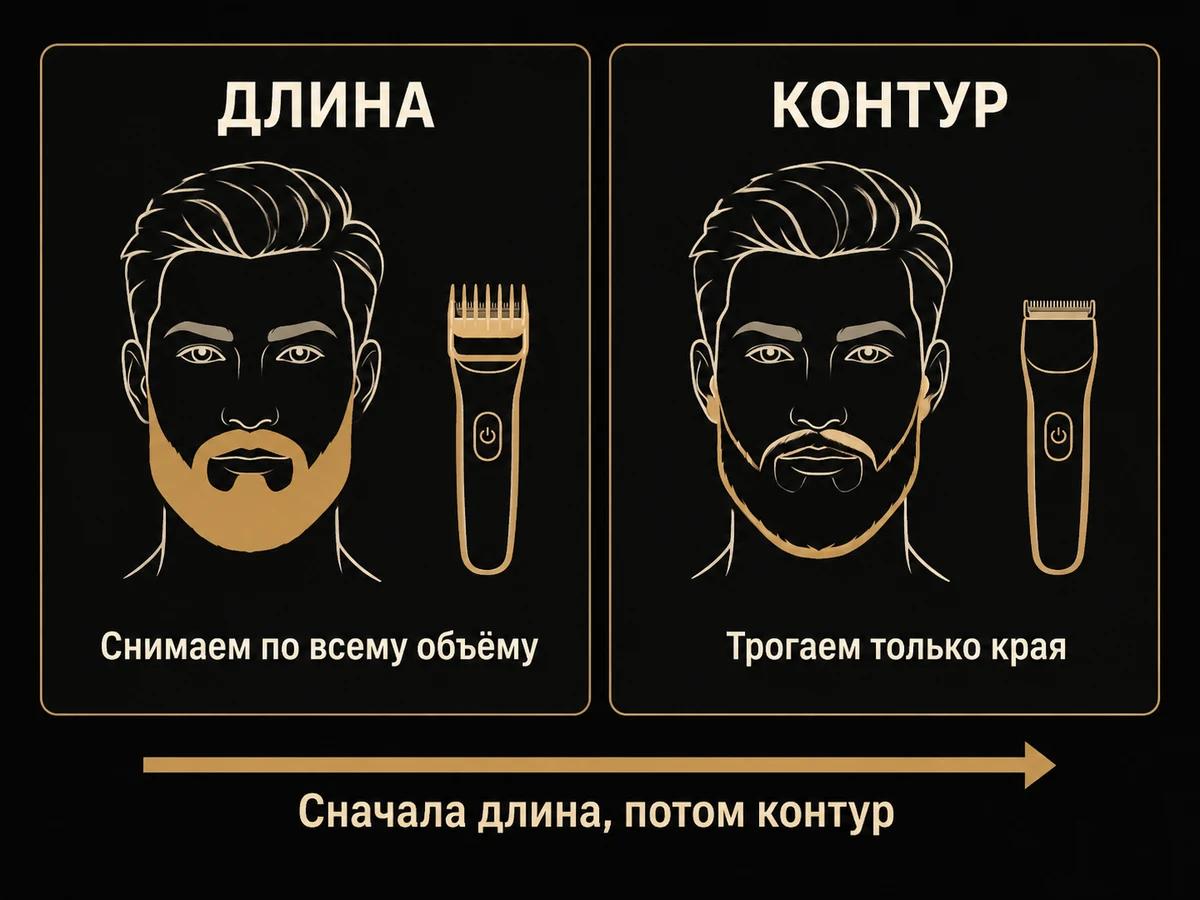 Схема: длина снимается по всему объёму бороды, контур трогает только края