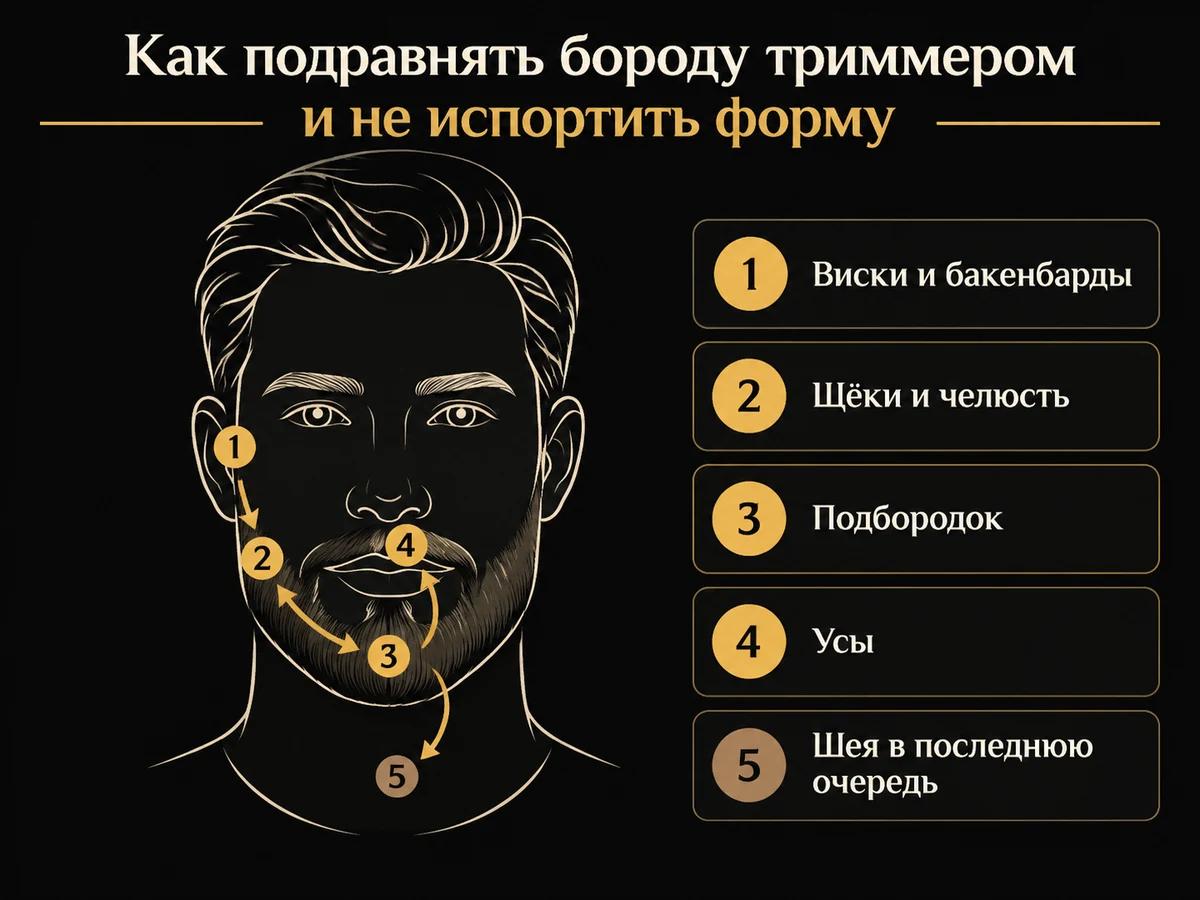 Порядок проходов триммером: виски, щёки, подбородок, усы и в конце шея