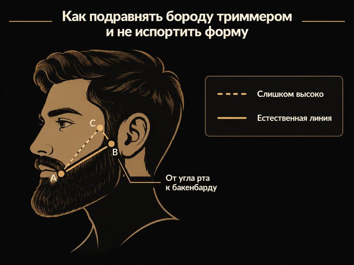 Схема линии щеки: естественная линия идёт от угла рта к бакенбарду