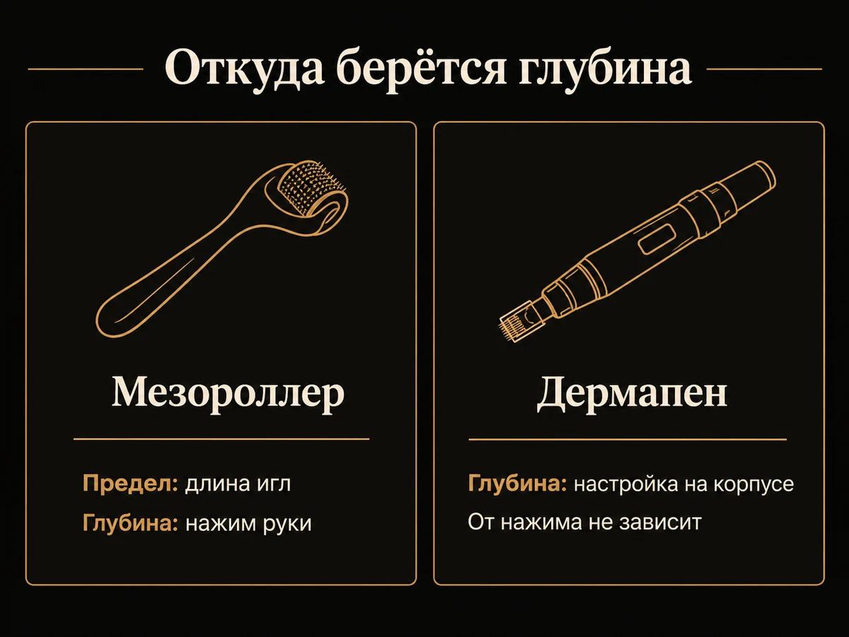 Схема: у мезороллера предел задаёт длина игл, а глубину нажим руки, у дермапена глубину задаёт настройка на корпусе