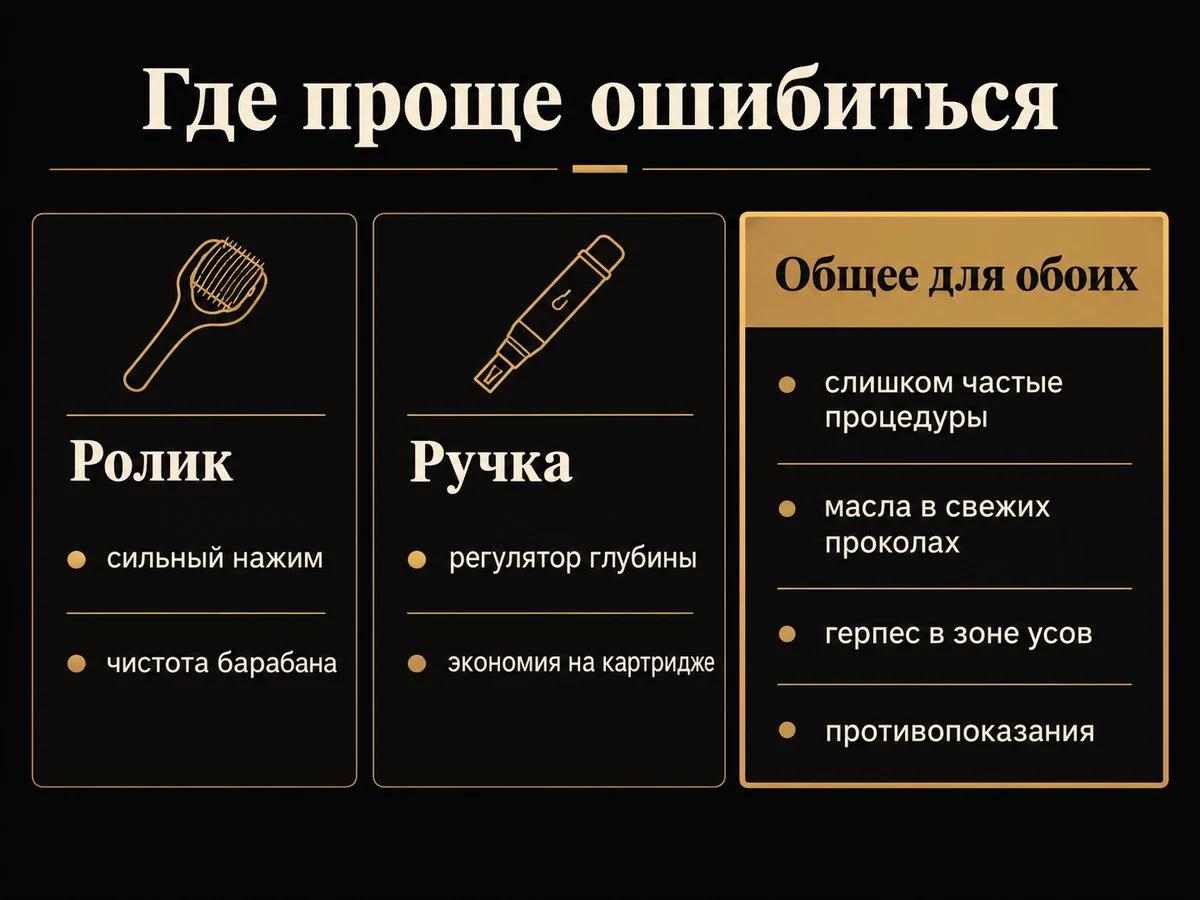 Схема в три колонки: ошибки ролика, ошибки ручки и риски, общие для обоих инструментов