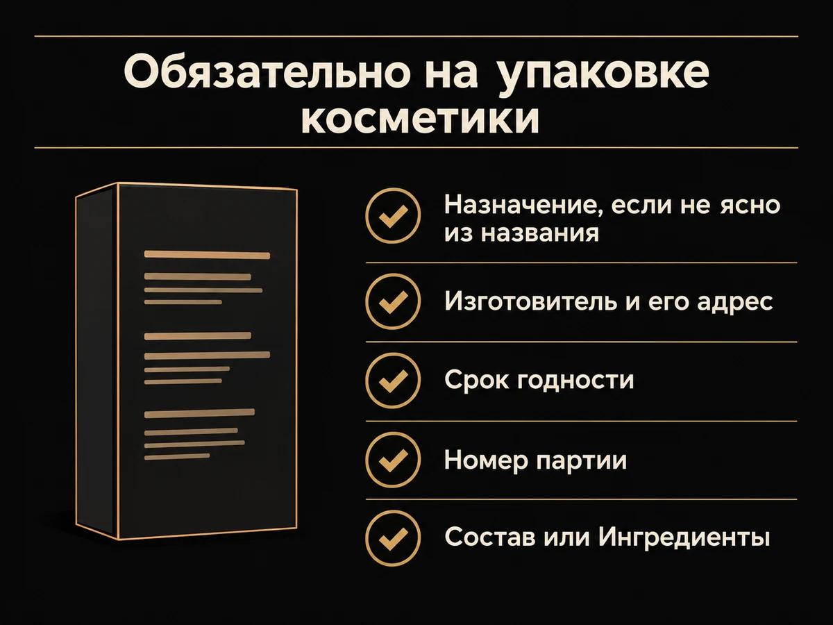 Схема: пять обязательных сведений на упаковке косметики, от назначения и изготовителя до номера партии и состава
