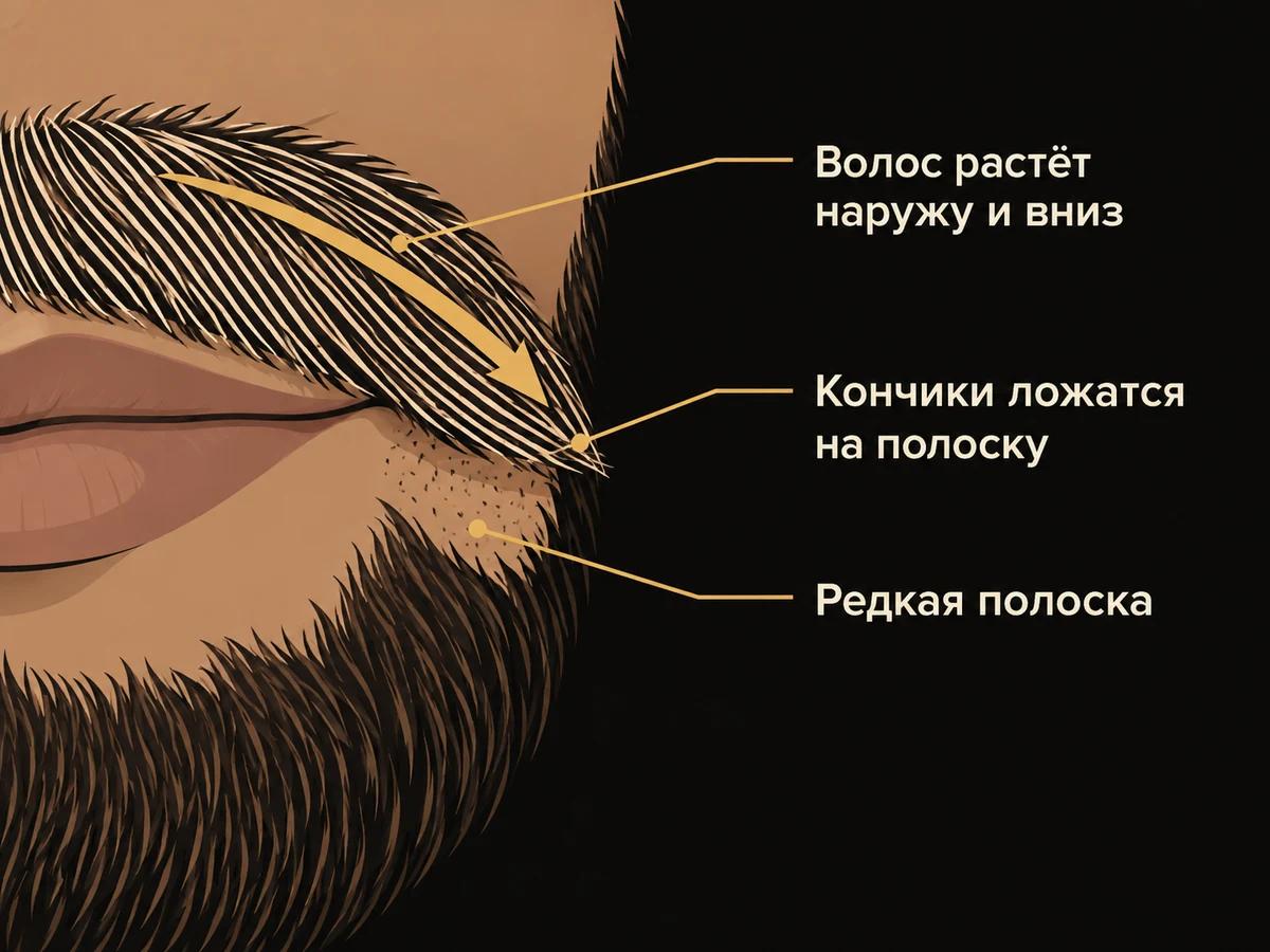 Схема: волос в усах растёт наружу и вниз, отросшие кончики ложатся на редкую полоску у уголка рта