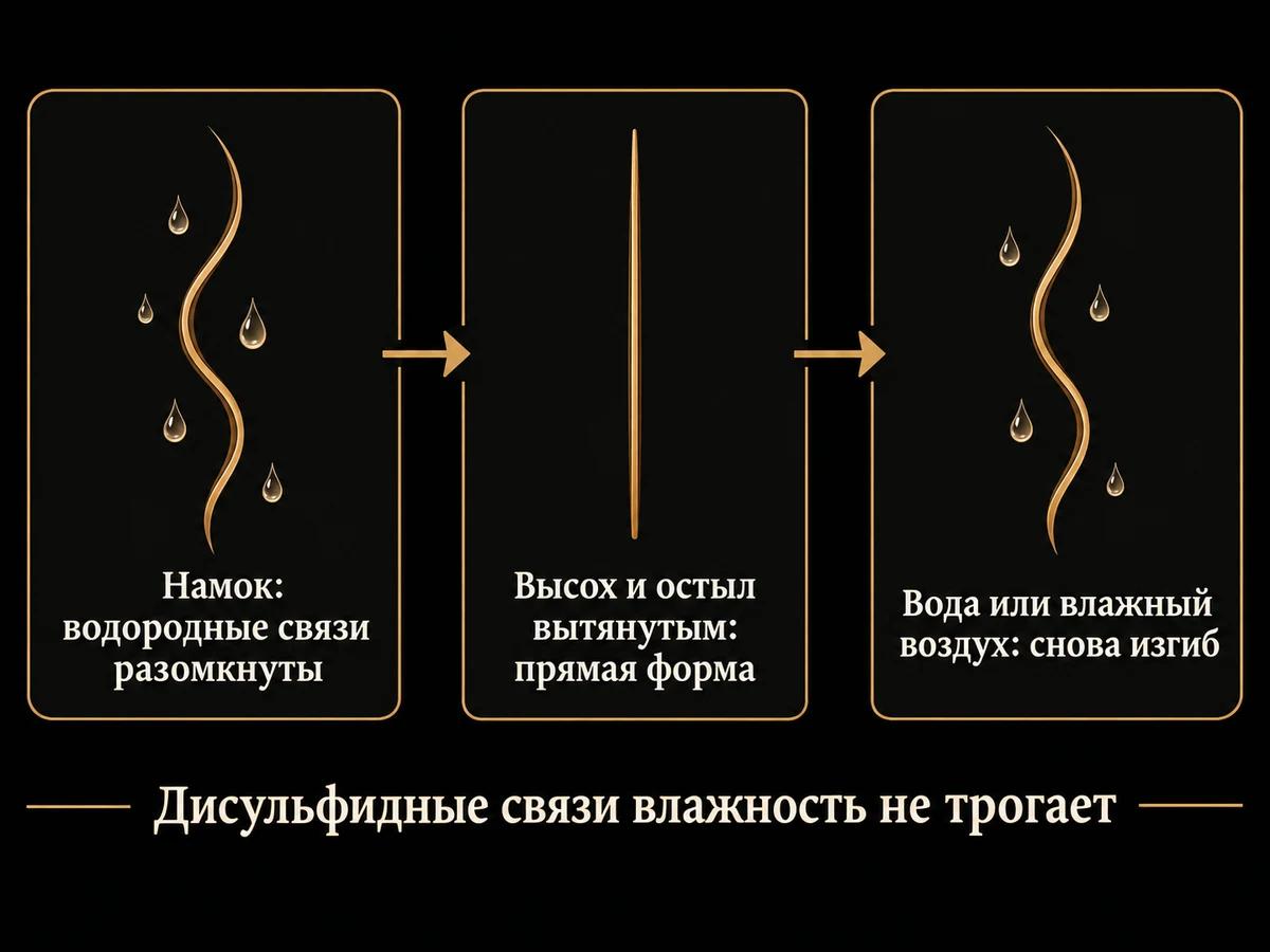 Схема: волнистая влажная прядь, после сушки вытянутой прямая, после воды снова волнистая