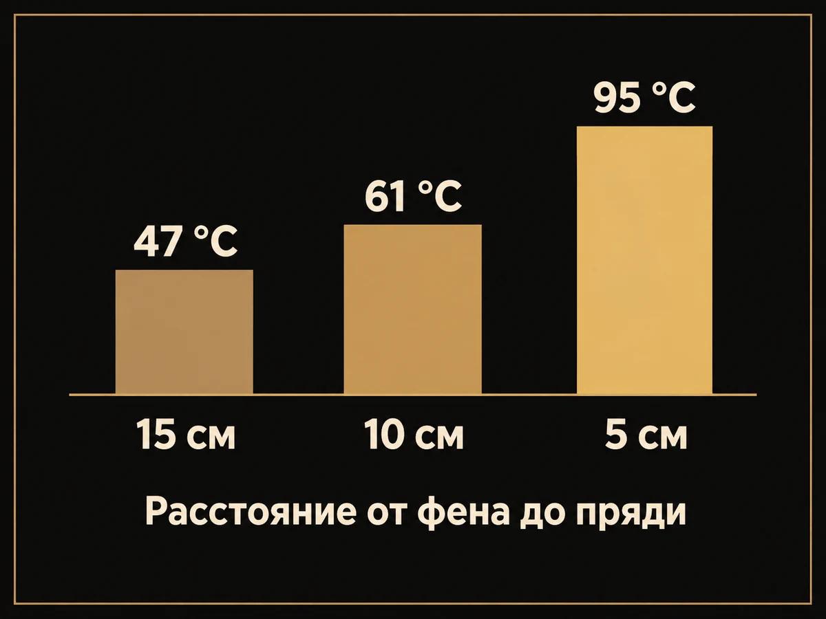Столбики: фен с 15 см нагревает воздух у пряди до 47 °C, с 10 см до 61 °C, с 5 см до 95 °C