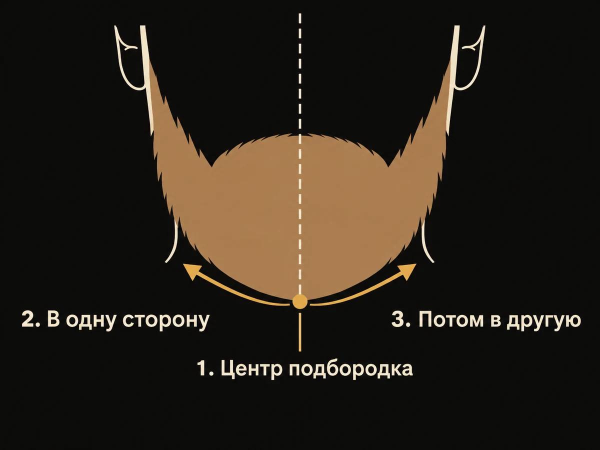 Схема: нижний край бороды стригут от центра подбородка сначала в одну сторону, потом в другую