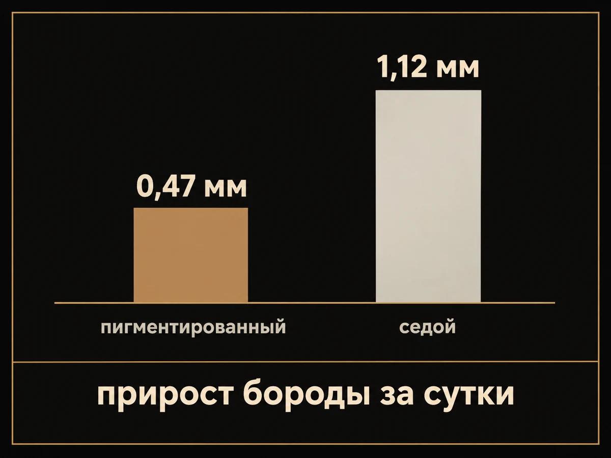 Столбики: пигментированный волос бороды прибавляет 0,47 мм в сутки, седой 1,12 мм