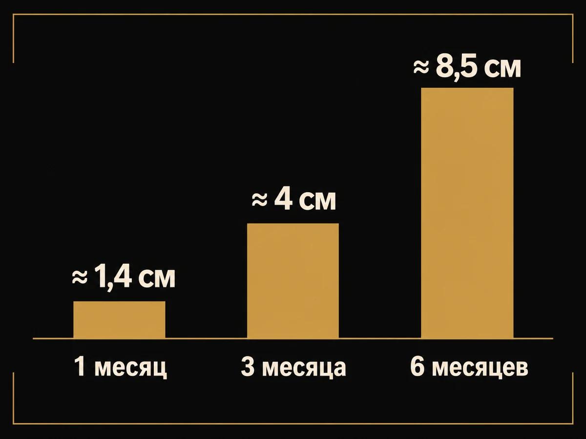 Три столбца длины бороды: за месяц около 1,4 см, за три месяца около 4 см, за шесть около 8,5 см