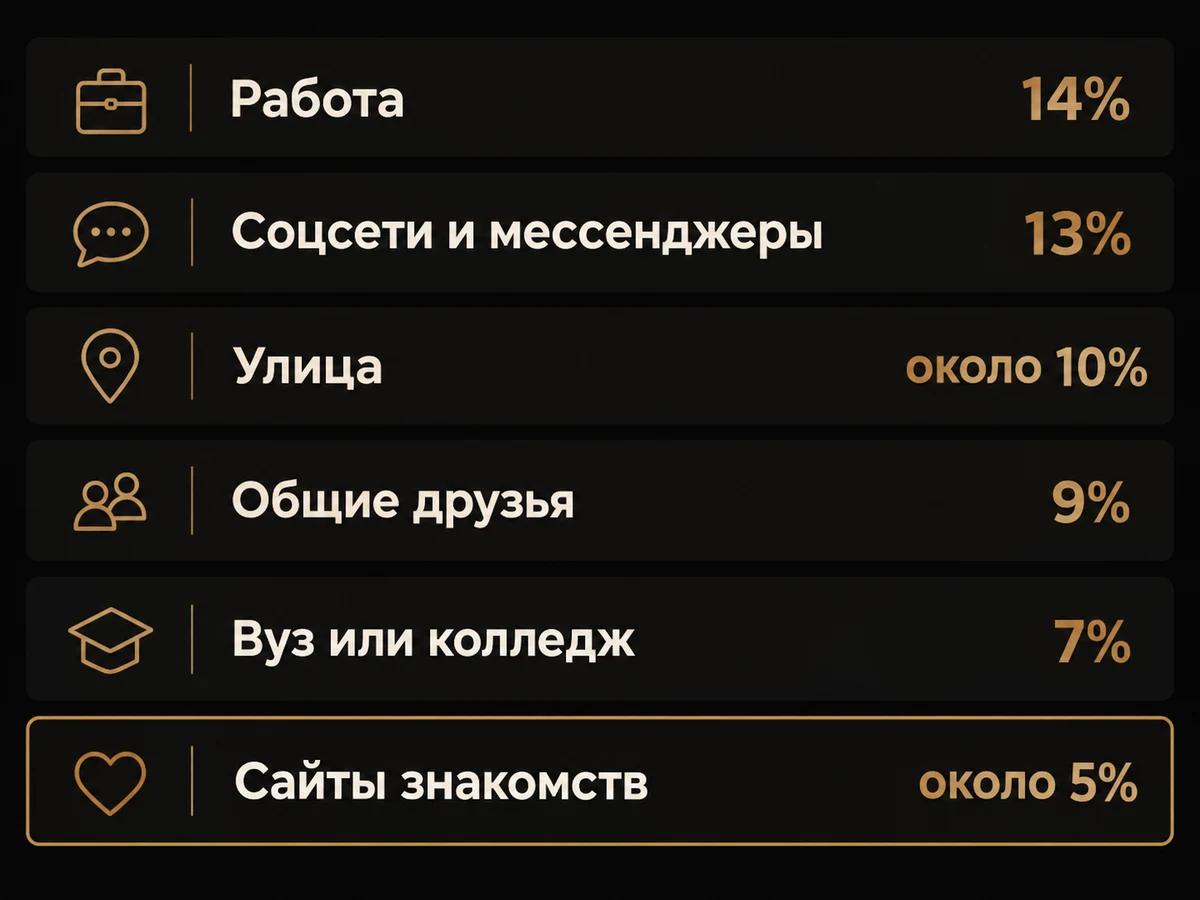 Где россияне встретили пару: работа 14%, соцсети и мессенджеры 13%, улица около 10%, друзья 9%, вуз 7%, сайты около 5%