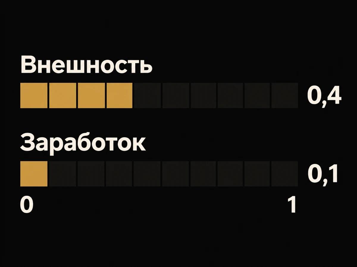 Схема: связь внешности и заработка партнёра с романтическим интересом на шкале от 0 до 1
