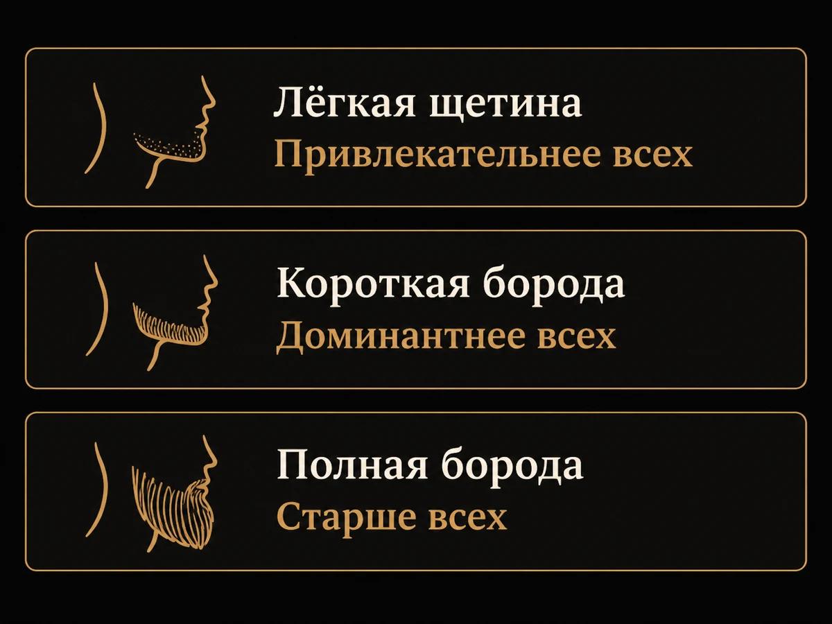 Схема опыта 2008 года: лёгкая щетина привлекательнее всех, короткая борода доминантнее, полная старше всех