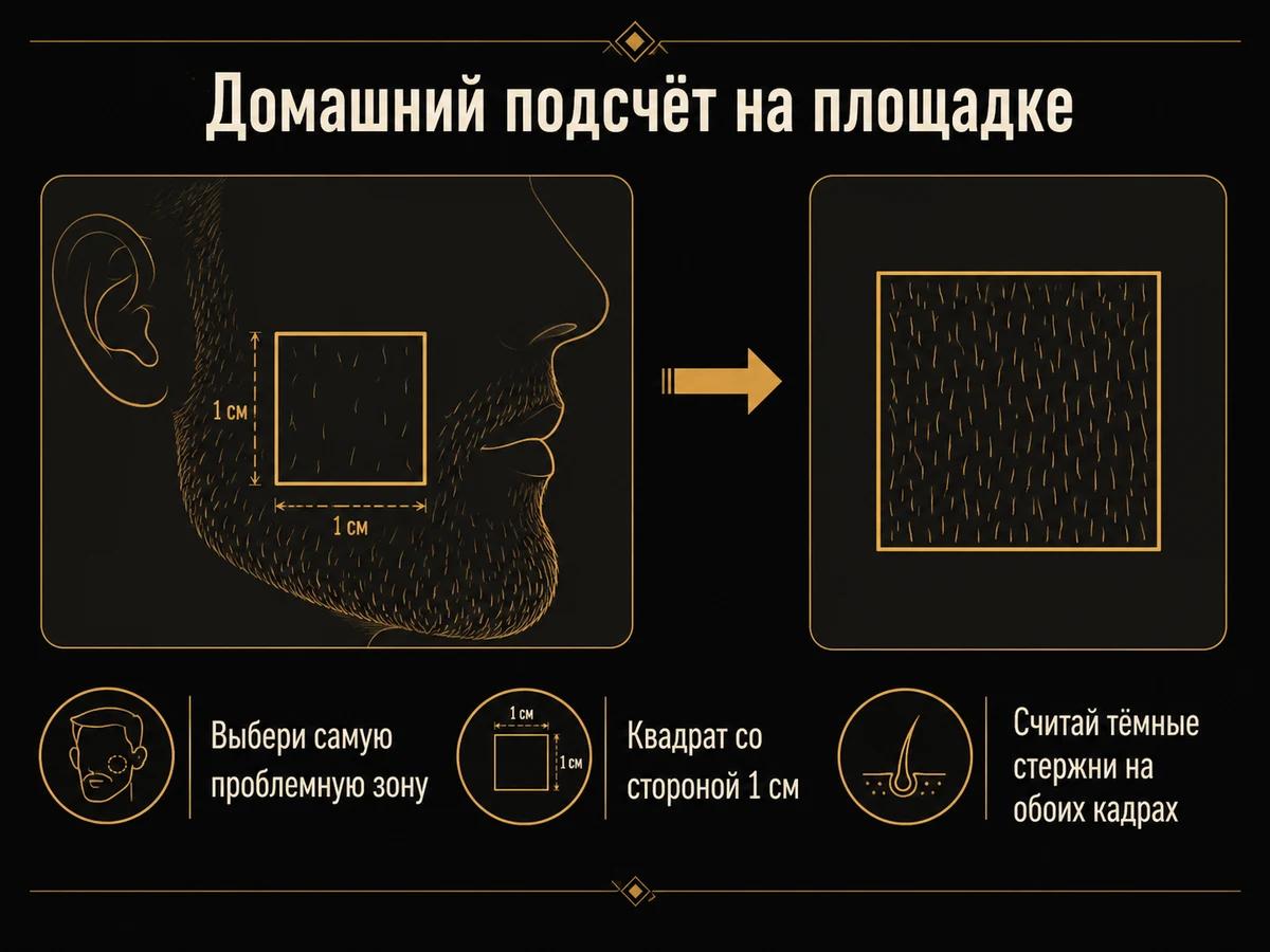 Схема подсчёта волос в квадрате со стороной один сантиметр на щеке