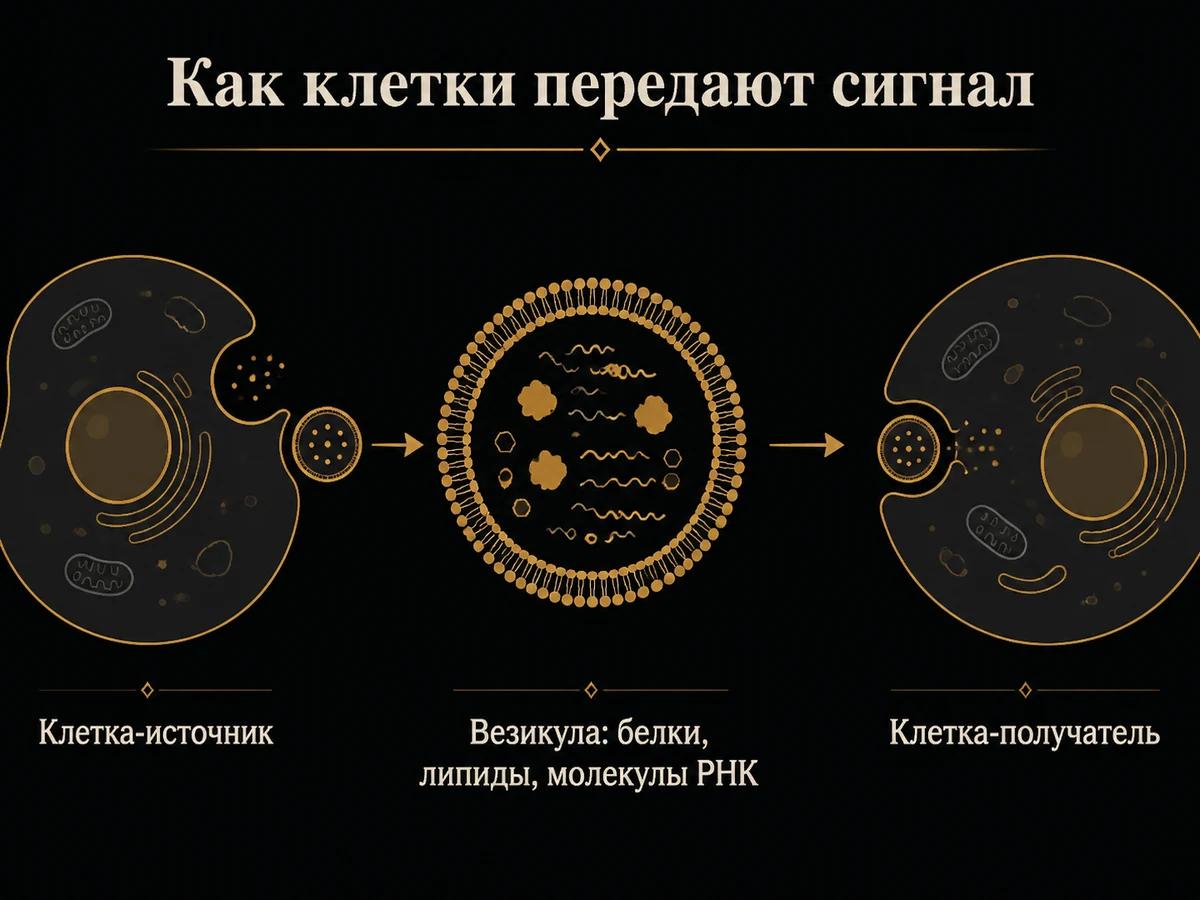 Схема: клетка выпускает везикулу с белками и молекулами РНК, её принимает соседняя клетка