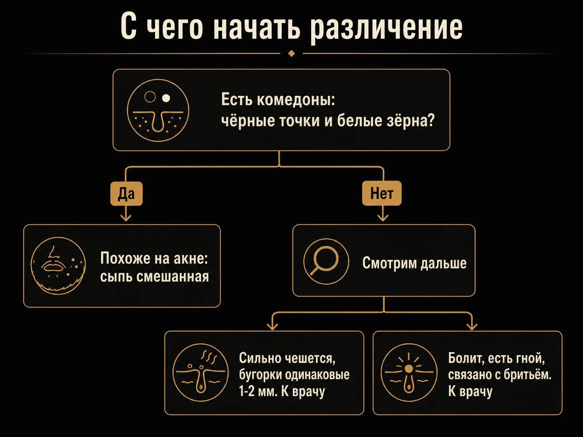 Схема различения высыпаний под бородой по наличию комедонов, зуду и боли