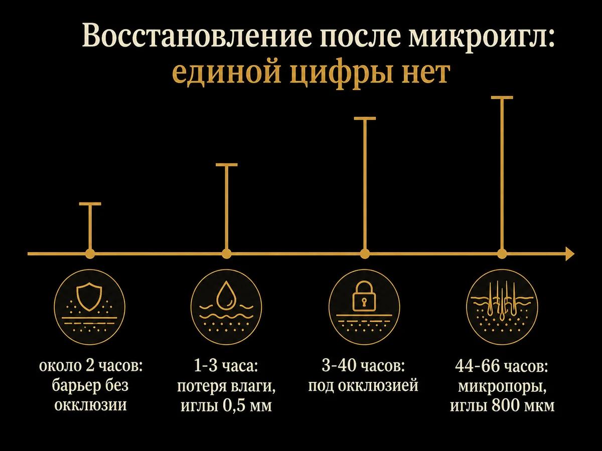 Шкала разброса времени восстановления кожи после микроигл по четырём исследованиям