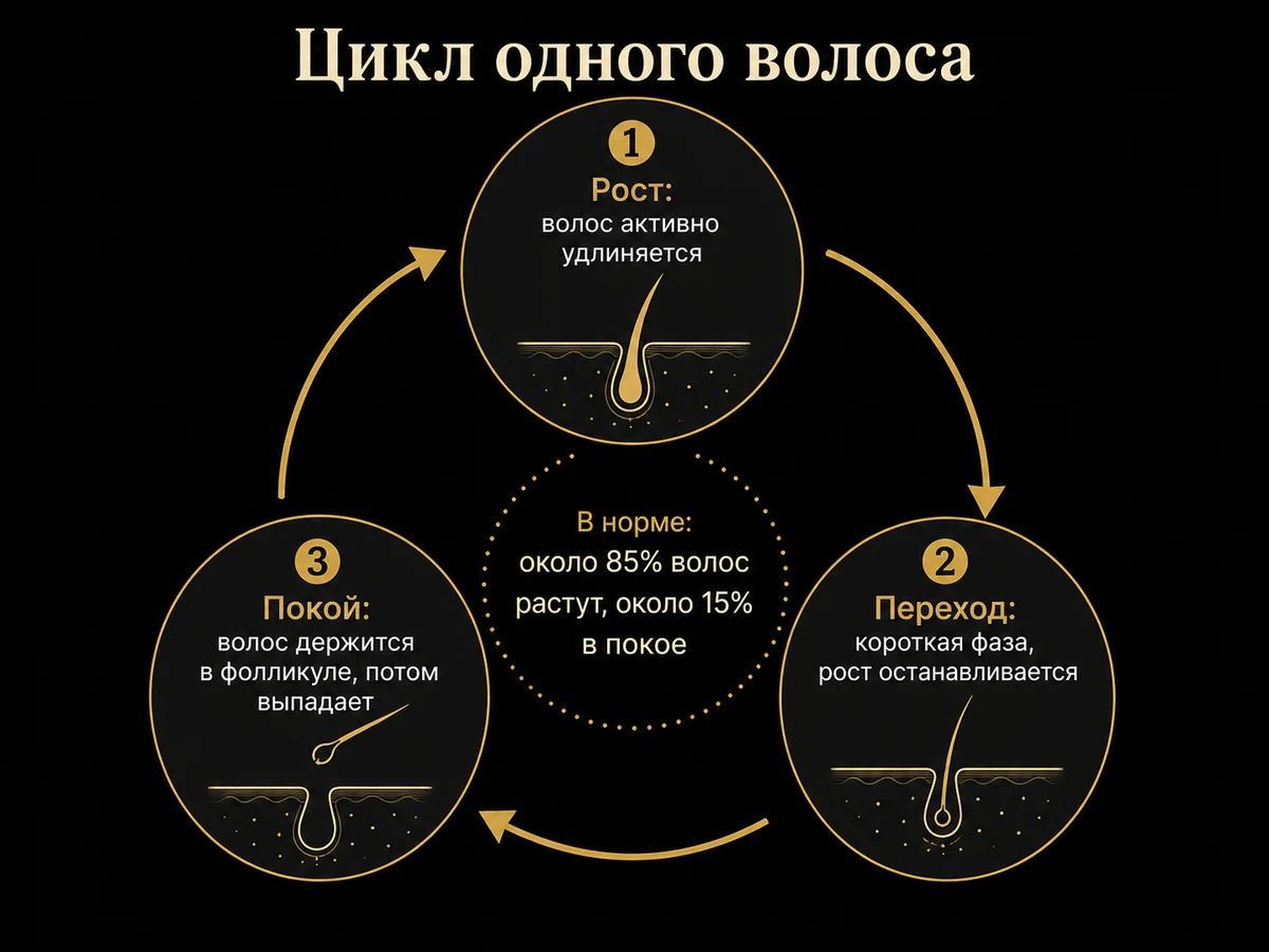 Круговая схема цикла волоса: рост, переход, покой и доли волос в каждой фазе