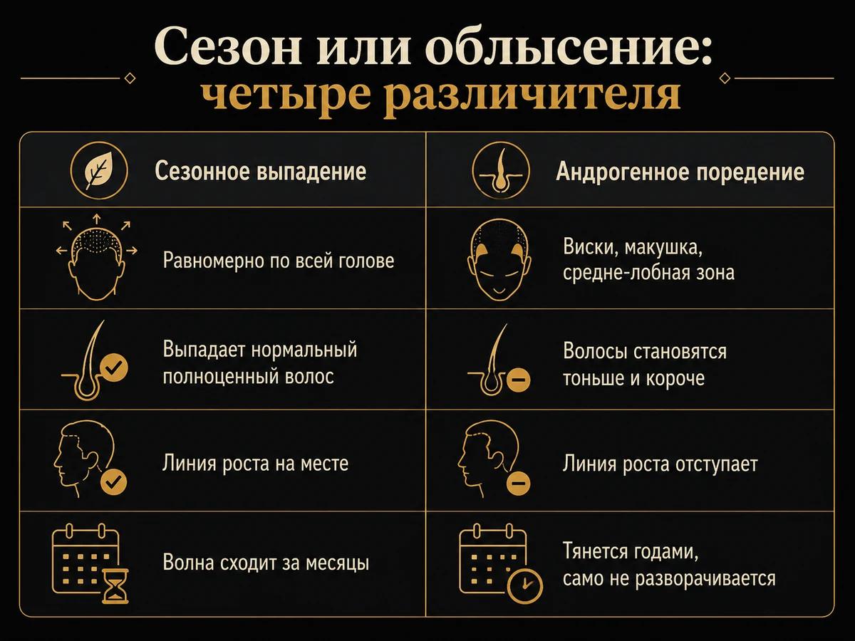 Сравнение сезонного выпадения и андрогенного поредения по четырём признакам