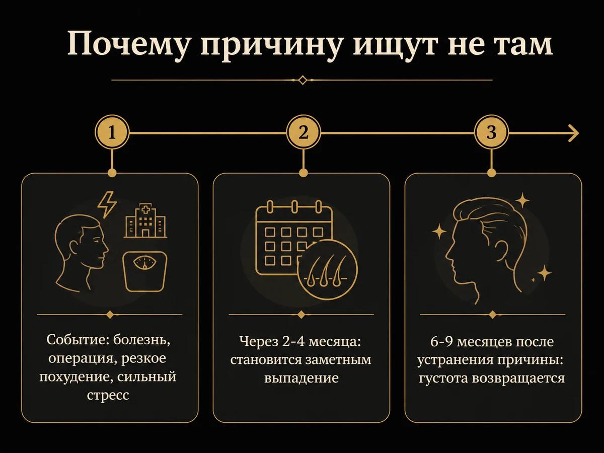 Таймлайн телогенового выпадения: событие, выпадение через 2-4 месяца, восстановление за 6-9 месяцев