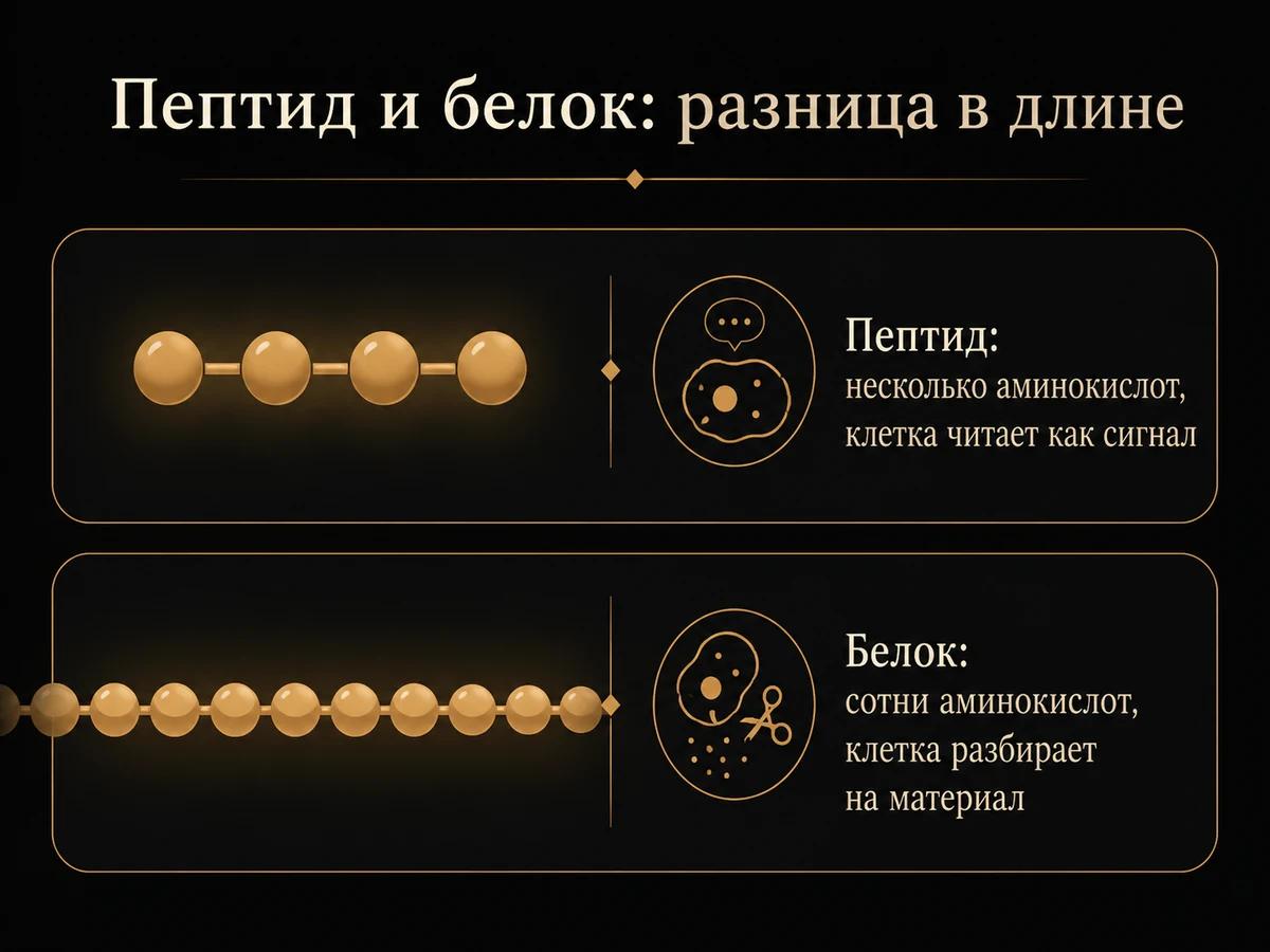 Схема: короткая цепочка аминокислот как сигнал и длинная цепь белка как строительный материал