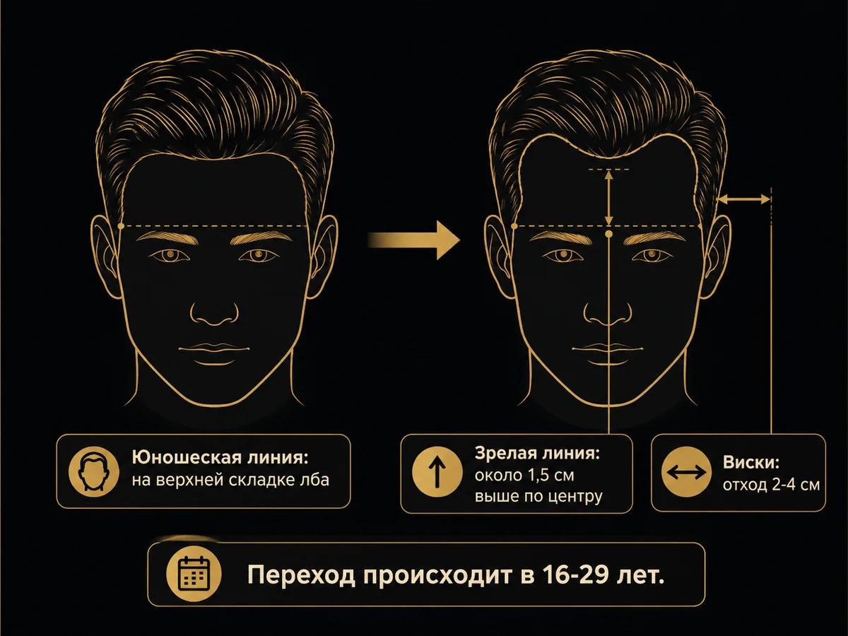Схема двух позиций линии роста волос: юношеская на складке лба и зрелая на 1,5 см выше