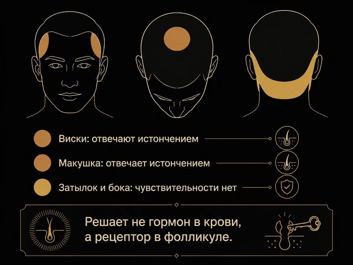 Карта зон головы: виски и макушка чувствительны к ДГТ, затылок и бока устойчивы