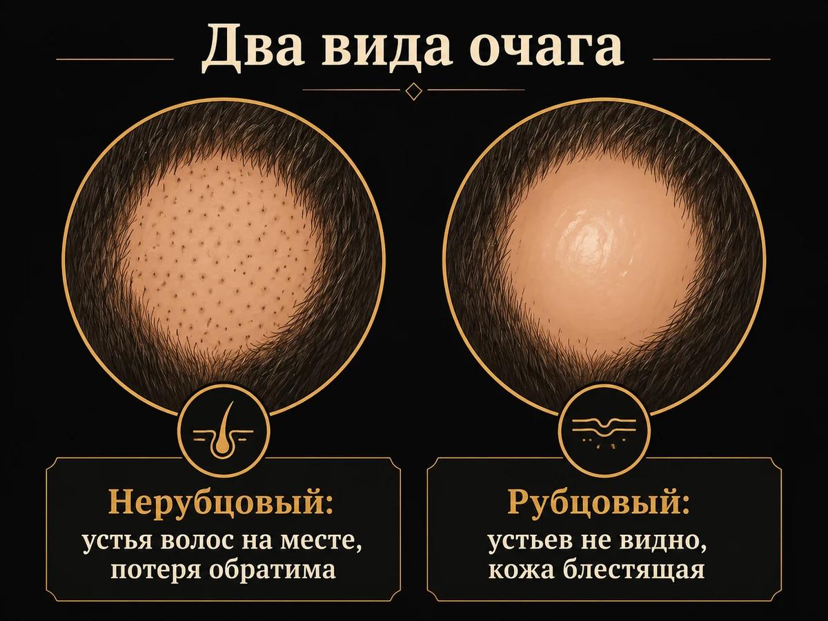 Схема: нерубцовый очаг с видимыми устьями волос и рубцовый очаг с гладкой кожей без устьев